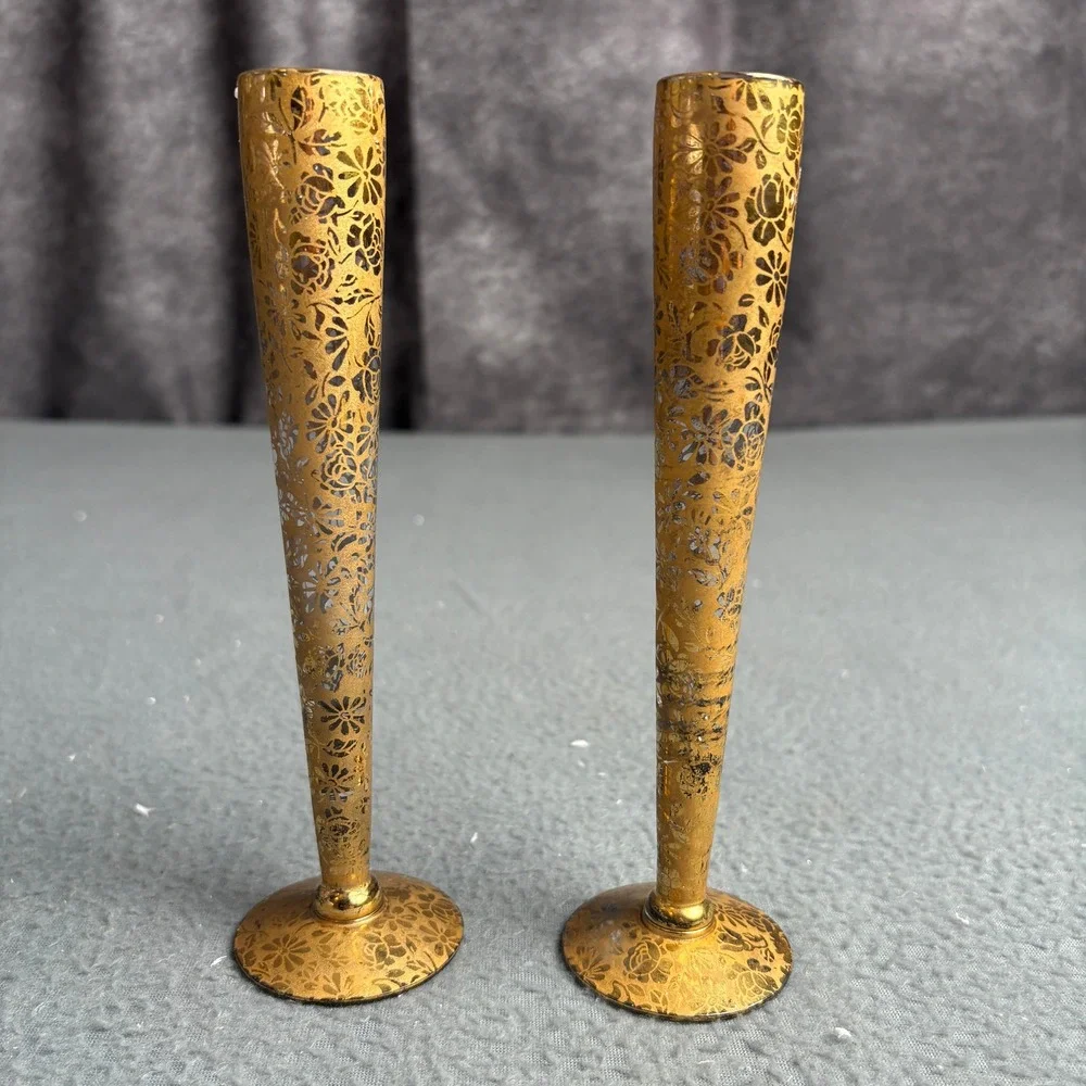 Vintage Ransgil Crystal 22K Gold Encrusted Floral Bud Vases Pair 1940s 1950s